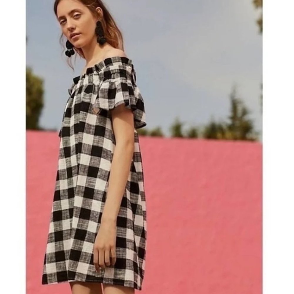 Corey Lynn Calter Anthropologie Gingham Off Shoulder Mini Dress (M Petite)